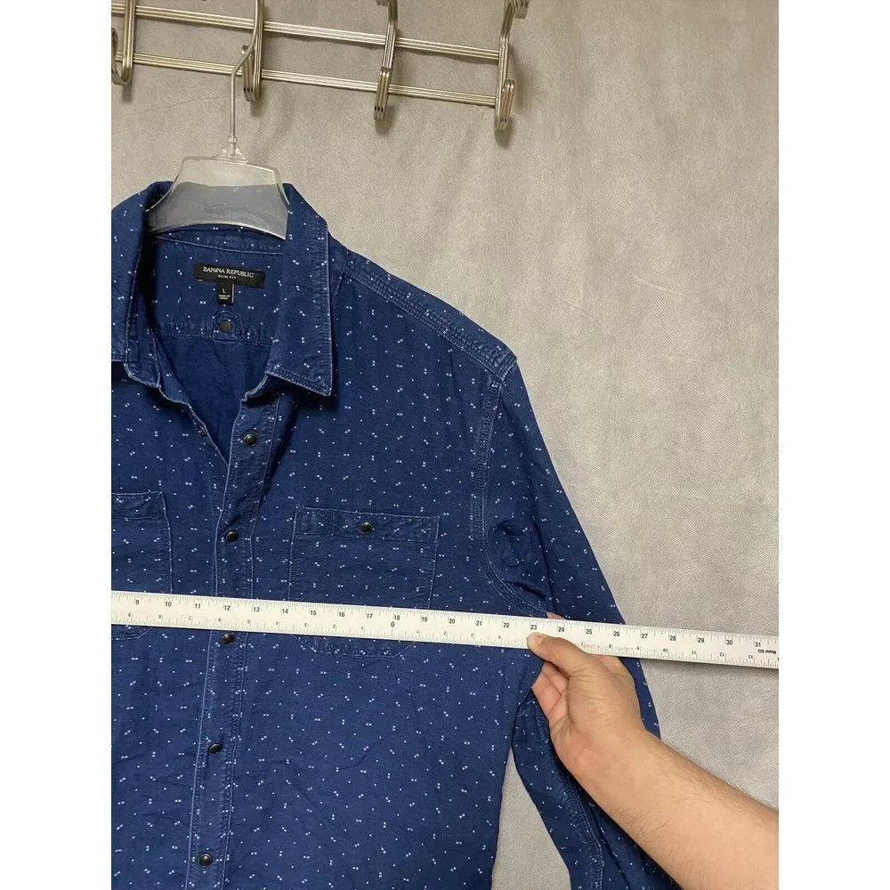 Banana Republic Men Shirt L Blue‎ AOP Slim Snap Button Up Casual Chambray Preppy